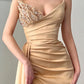 Sexy V-neck beaded satin pleated high slit long ball evening dress Sparkly