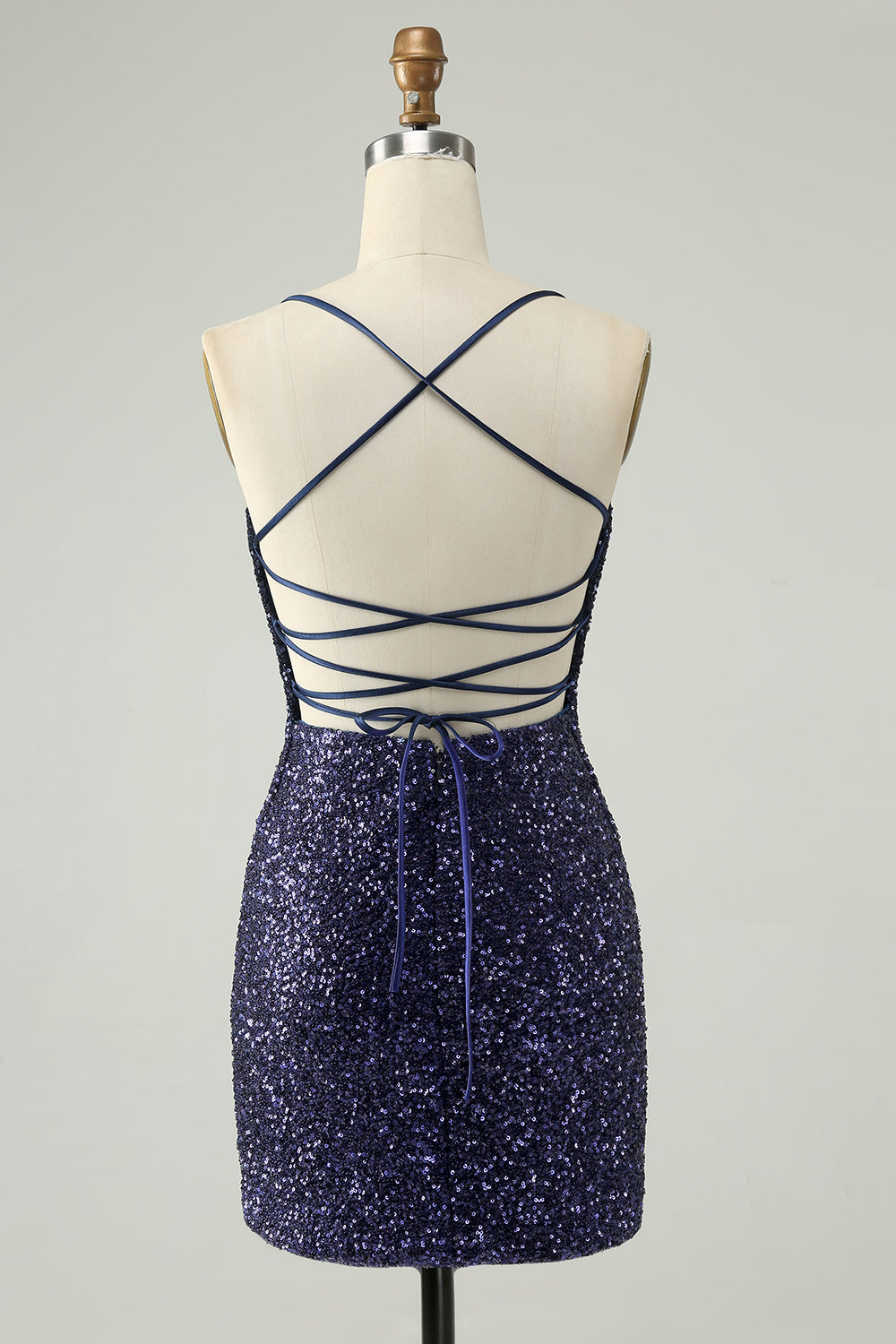 Sparkly Navy Bodycon Spaghetti Straps Backless Short Homecoming Dress with Sequins Sexy