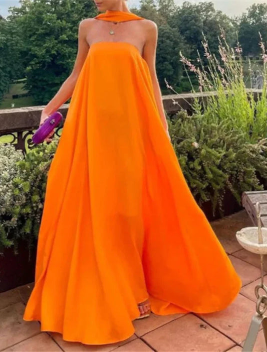 A-Line Evening Gown Fairy Dress Formal Wedding Guest Floor Length Sleeveless Strapless Stretch Chiffon with Pleats Shawl