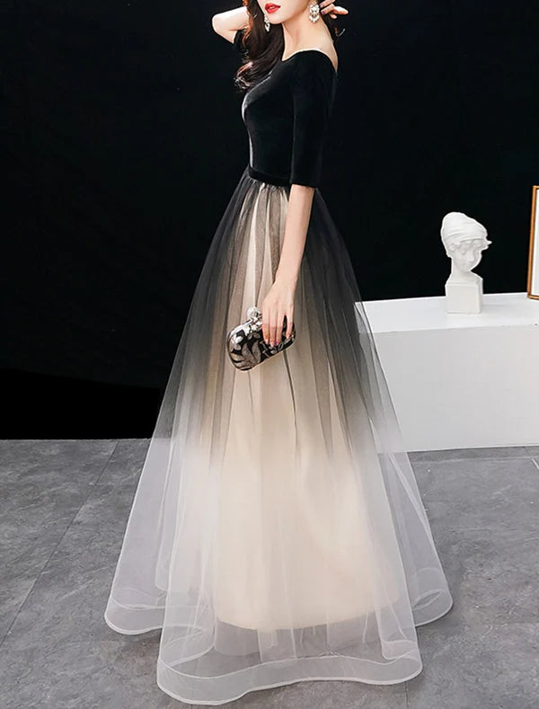 A-Line Elegant Gradient Prom Formal Evening Dress Jewel Neck Half Sleeve Floor Length Tulle with Sleek Party Dresses