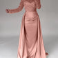 Mermaid Sequin Evening Gown Ruched Satin Dress Long Sleeves Floor Length Sparkle Illusion Neck Fall Wedding Guest Dress with Pearls