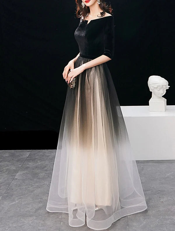 A-Line Elegant Gradient Prom Formal Evening Dress Jewel Neck Half Sleeve Floor Length Tulle with Sleek Party Dresses