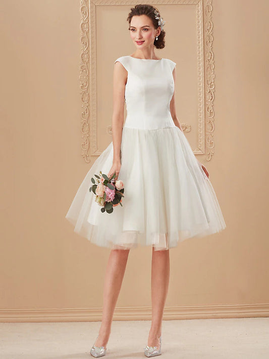 Beach Little White Dresses Wedding Dresses Knee Length A-Line Cap Sleeve Bateau Neck Satin