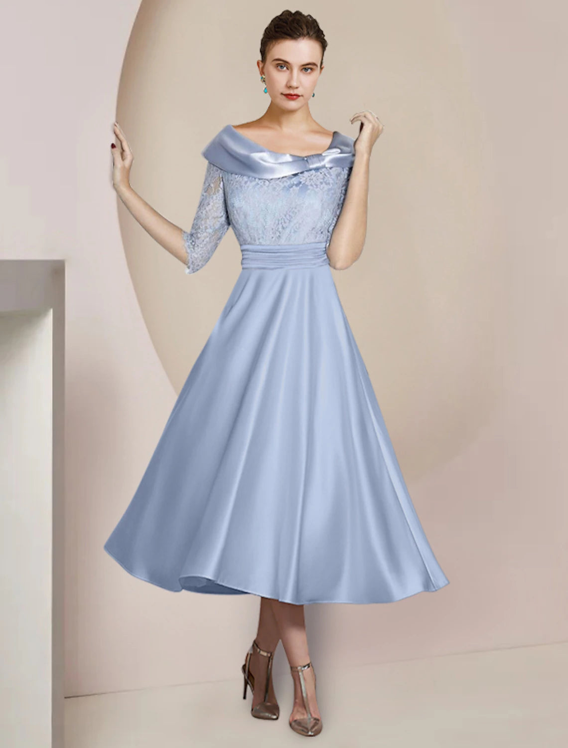 A-Line Mother of the Bride Dress Party Elegant Scoop Neck Tea Length Satin Lace Half Sleeve with Bow(s)