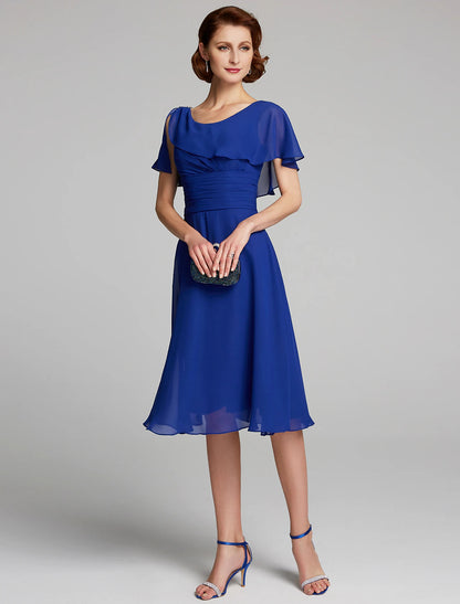 A-Line Mother of the Bride Dress Cowl Neck Knee Length Chiffon Short Sleeve Pure Color