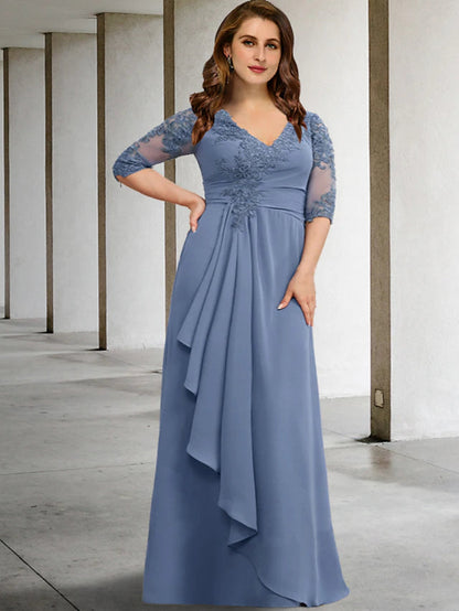 A-Line Plus Size Curve Mother of the Bride Dresses Elegant Dress Formal Floor Length Half Sleeve V Neck Chiffon with Pleats