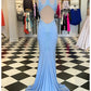 Trumpet/Mermaid Scalloped Neck Sleeveless Sweep Train Blue Satin Prom Dress with Appliques