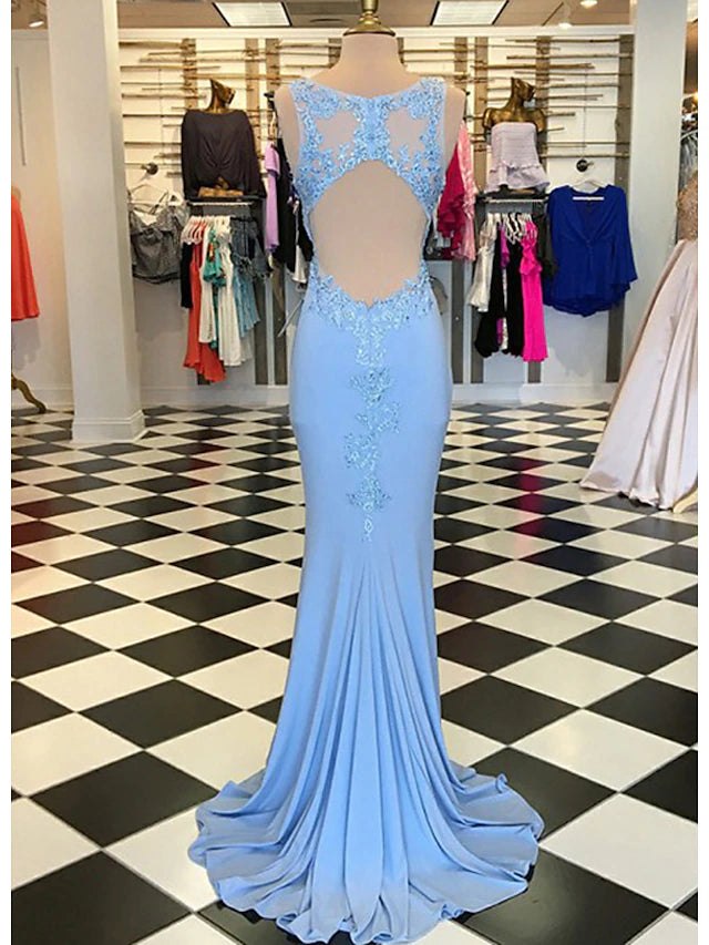 Trumpet/Mermaid Scalloped Neck Sleeveless Sweep Train Blue Satin Prom Dress with Appliques