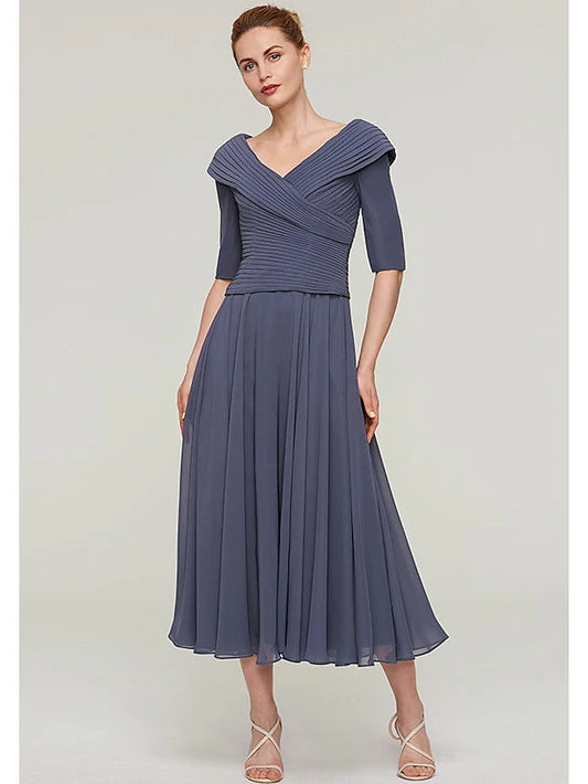 A-Line Mother of the Bride Dress Plus Size V Neck Ankle Length Chiffon Half Sleeve