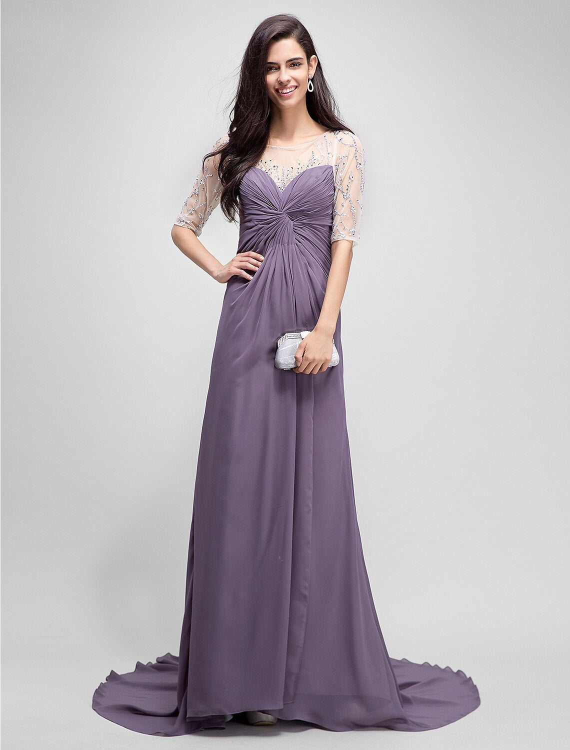 A-Line Mother of the Bride Dress Elegant Scoop Neck Floor Length Chiffon Half Sleeve No with Criss Cross