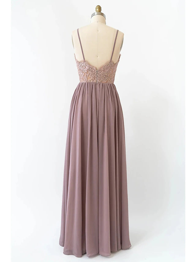 A-Line Bridesmaid Dress V Neck Sleeveless Open Back Floor Length Chiffon Long