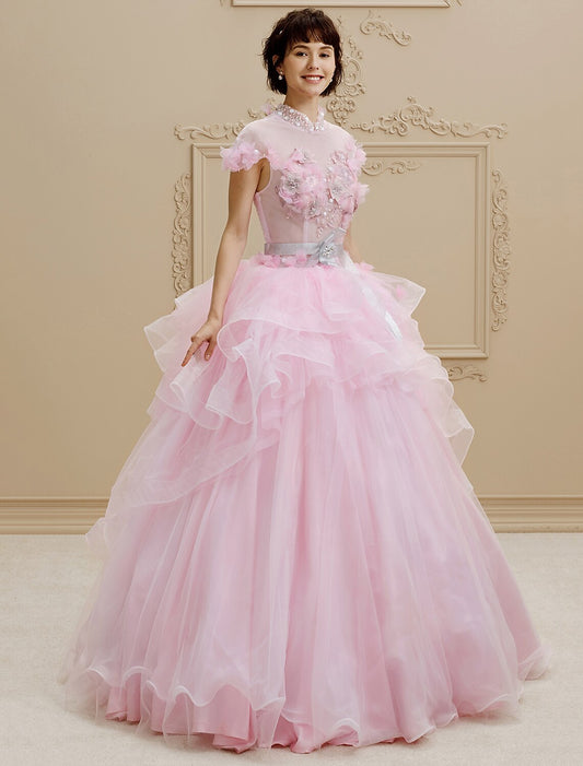 Ball Gown High Neck Floor Length Organza Tulle Wedding Dress with Crystal Beading Bow