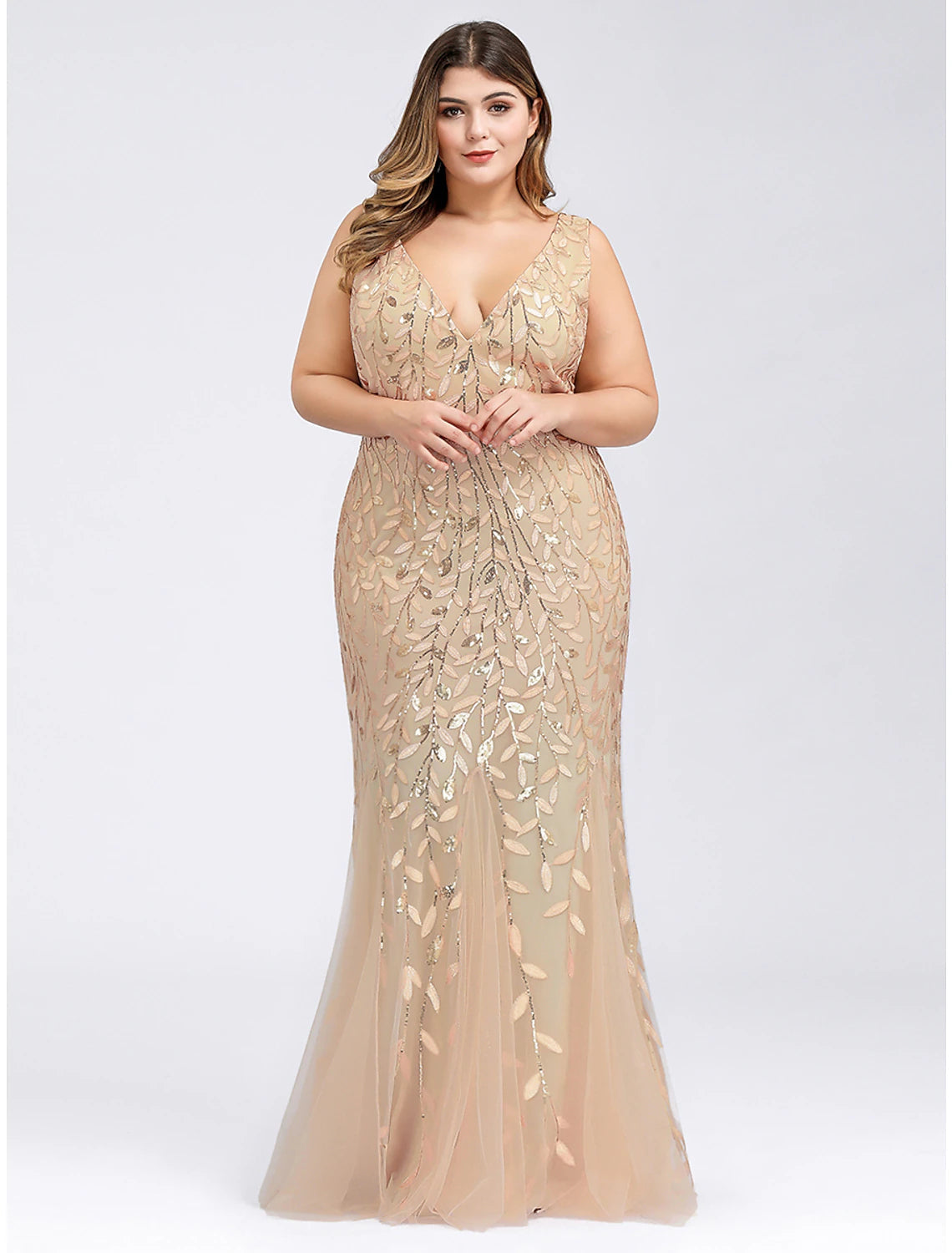 Mermaid / Trumpet Evening Gown Plus Size Dress Wedding Guest Engagement Floor Length Sleeveless V Neck Lace V Back