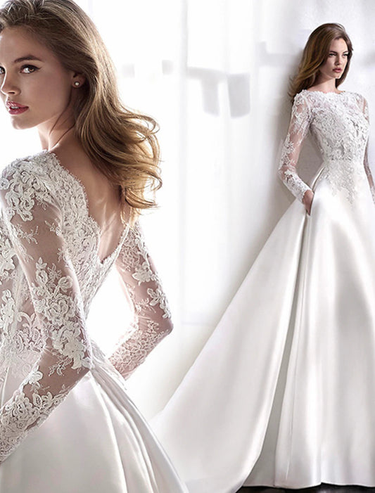 Reception Formal Wedding Dresses A-Line Illusion Neck Long Sleeve Chapel Train Satin Bridal Gowns With Lace