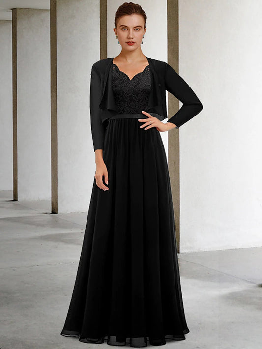 Two Piece A-Line Mother of the Bride Dress Plus Size Elegant V Neck Floor Length Chiffon Lace Sleeveless Wrap Included with Sash / Ribbon Pleats