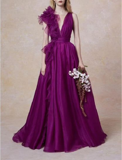 A-Line Evening Gown Celebrity Style Dress Formal Wedding Guest Floor Length Sleeveless V Neck Chiffon with Slit