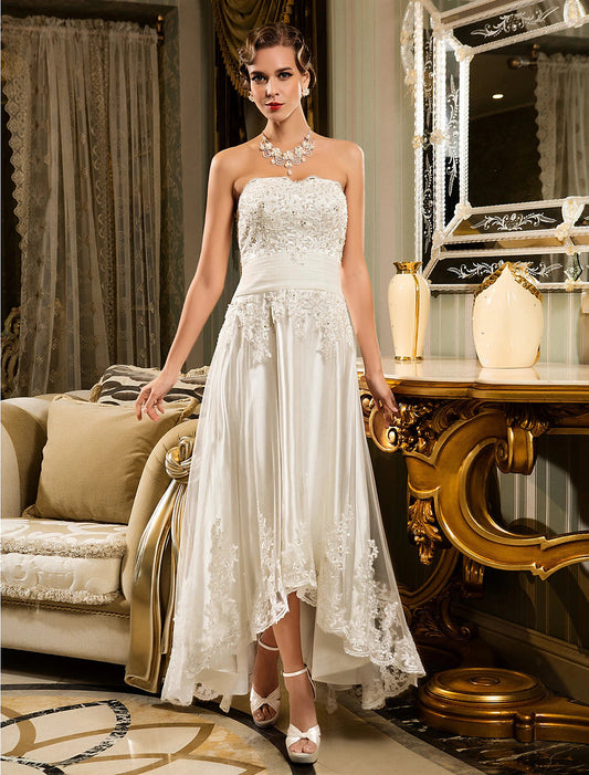 Reception Little White Dresses Wedding Dresses A-Line Sweetheart Strapless Asymmetrical Lace Bridal Gowns With Appliques