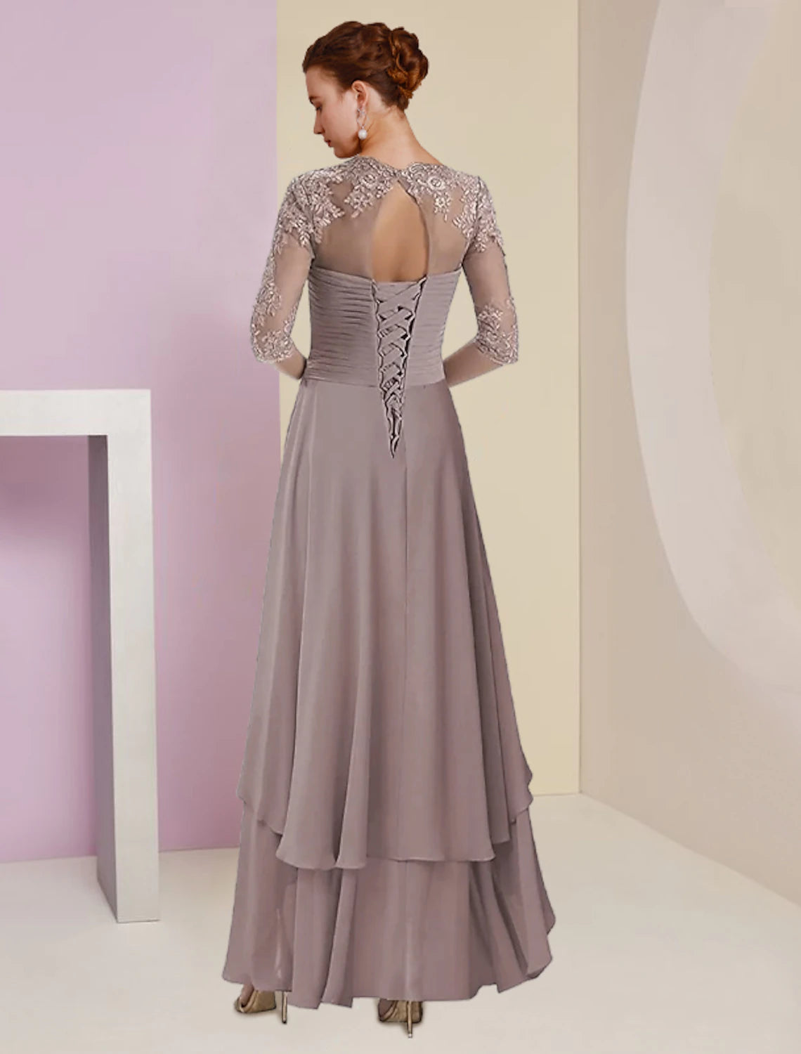 Two Piece A-Line Mother of the Bride Dress Formal Wedding Guest Elegant Square Neck Asymmetrical Tea Length Chiffon Lace 3/4 Length Sleeve Wrap Included with Ruched Tier