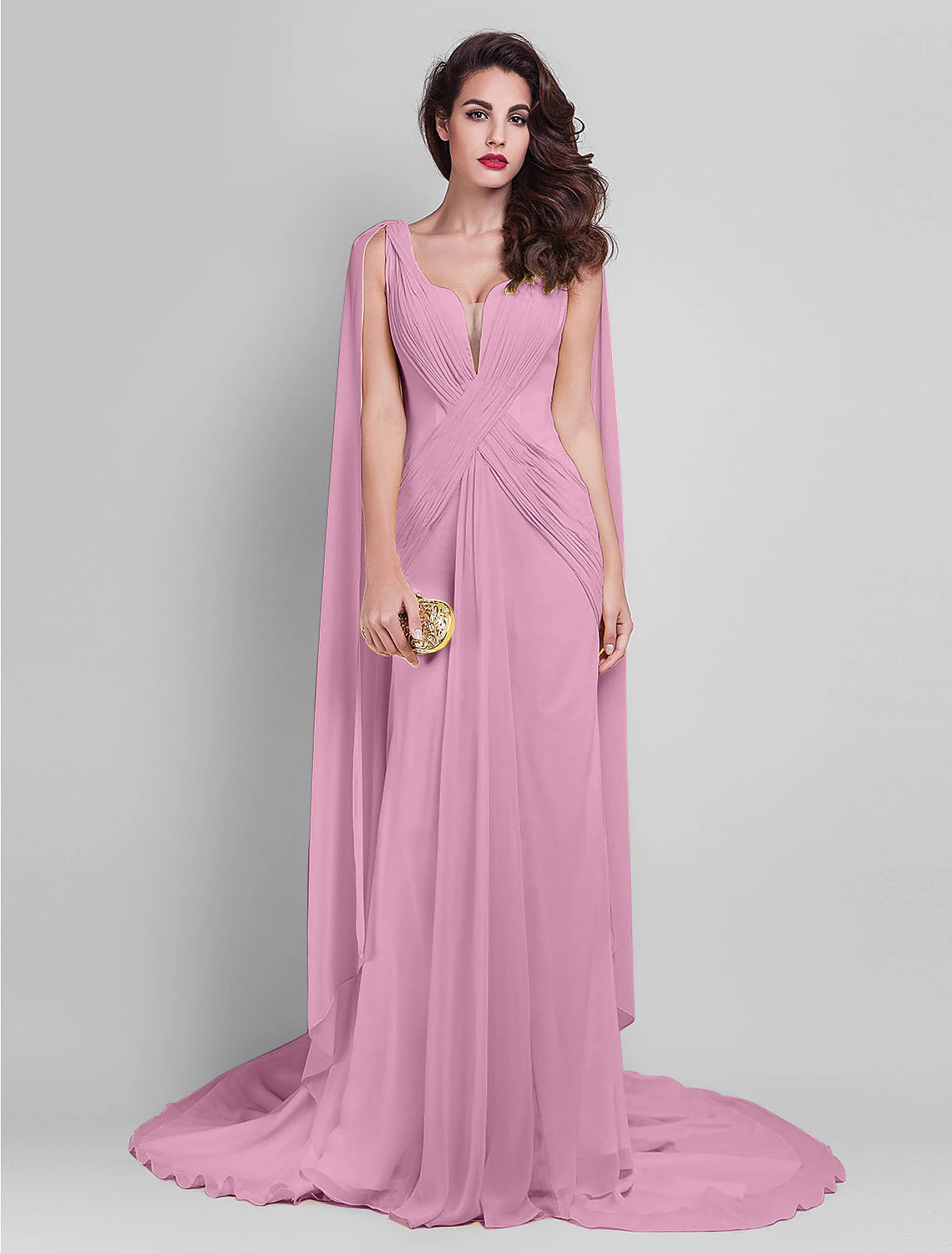 Sheath / Column Elegant Dress Wedding Guest Prom Court Train Sleeveless Plunging Neck Georgette V Back with Criss Cross Side