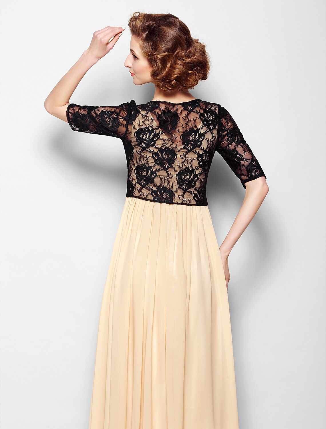 A-Line Mother of the Bride Dress Wrap Included V Neck Floor Length Chiffon Lace Half Sleeve yes