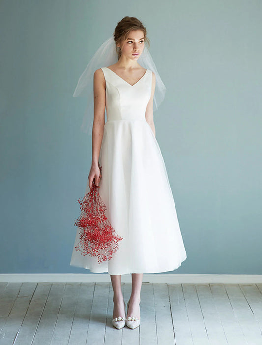 Reception Little White Dresses Wedding Dresses A-Line V Neck Sleeveless Tea Length Satin Bridal Gowns
