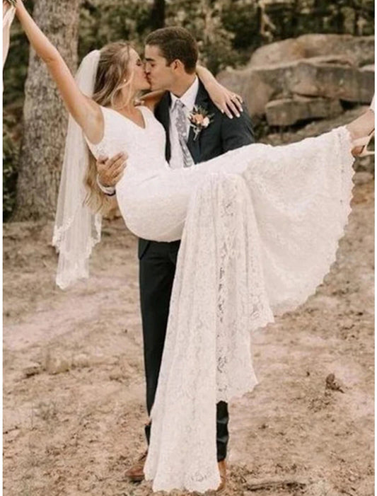 Reception Formal Wedding Dresses Mermaid / Trumpet V Neck Sleeveless Court Train Lace Bridal Gowns