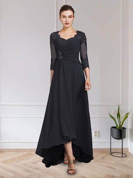 A-Line Mother of the Bride Dress Elegant High Low V Neck Asymmetrical Floor Length Chiffon Lace Half Sleeve with Appliques