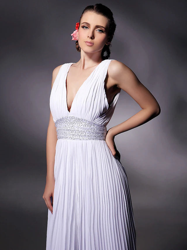 Sheath / Column Celebrity Style Dress Prom Floor Length Sleeveless Plunging Neck Chiffon with Beading