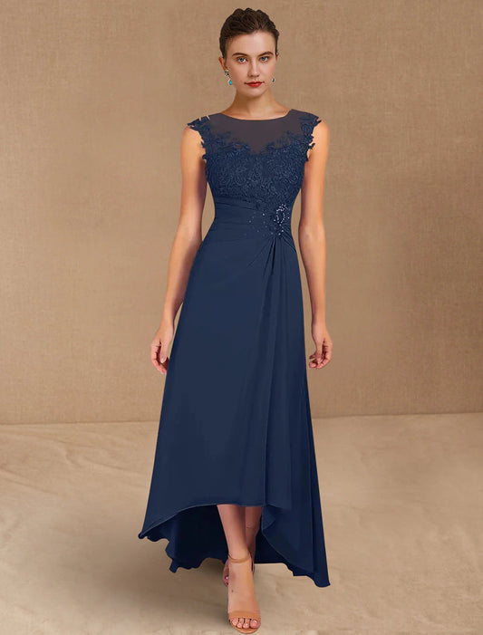 A-Line Mother of the Bride Dress Formal Wedding Guest Elegant Jewel Neck Asymmetrical Chiffon Sleeveless with Lace Sequin