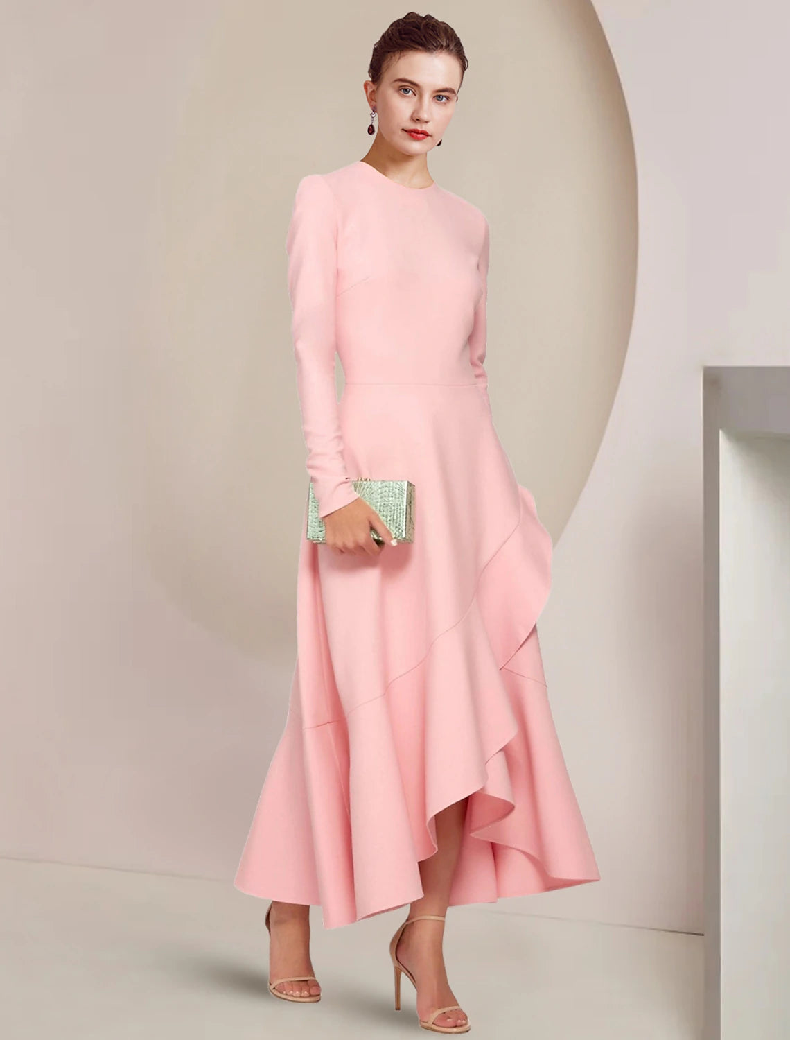 A-Line Mother of the Bride Dress Formal Wedding Guest Elegant High Low Scoop Neck Asymmetrical Ankle Length Stretch Fabric Long Sleeve