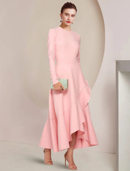 A-Line Mother of the Bride Dress Formal Wedding Guest Elegant High Low Scoop Neck Asymmetrical Ankle Length Stretch Fabric Long Sleeve