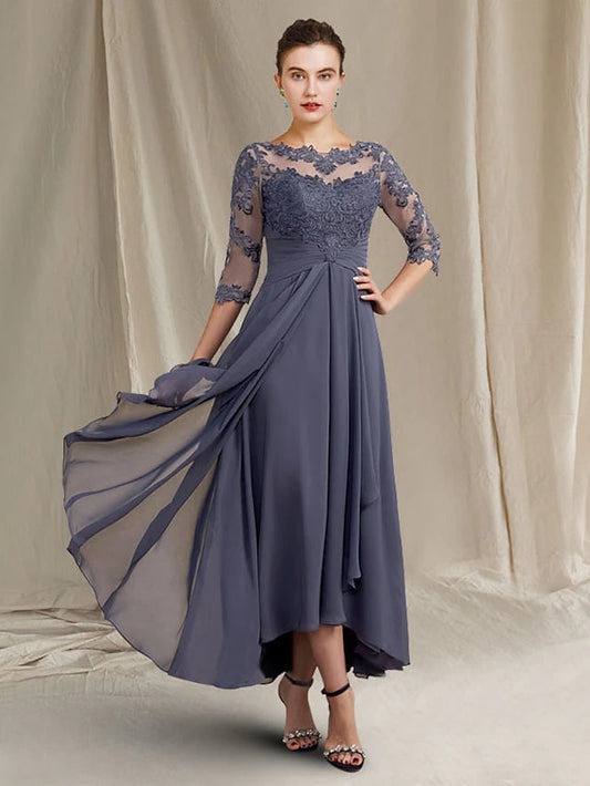 A-Line Mother of the Bride Dress Plus Size Elegant High Low Jewel Neck Asymmetrical Tea Length Chiffon Lace Half Sleeve with Ruched