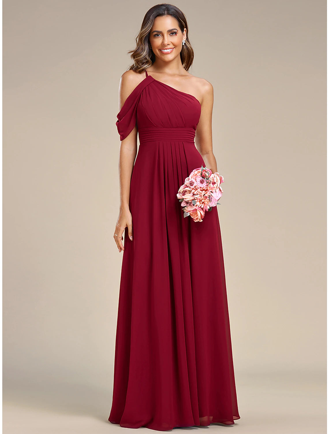 A-Line Wedding Guest Dresses Elegant Dress Formal Wedding Floor Length Sleeveless One Shoulder Chiffon with Ruched