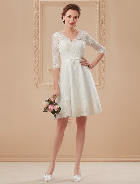 Little White Dresses Wedding Dresses Knee Length A-Line Half Sleeve V Neck Lace With Bowknot Sash