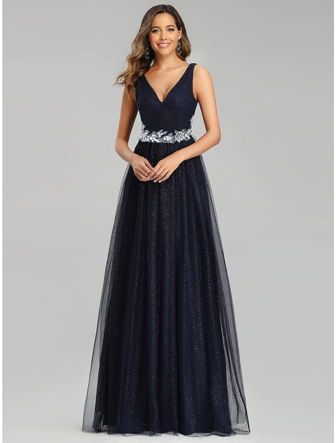 A-Line Prom Dresses Empire Dress Wedding Guest Floor Length Sleeveless V Neck Tulle with Sequin