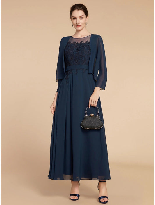 A-Line Mother of the Bride Dress Wedding Guest Elegant Jewel Neck Ankle Length Chiffon Lace Long Sleeve with Ruching