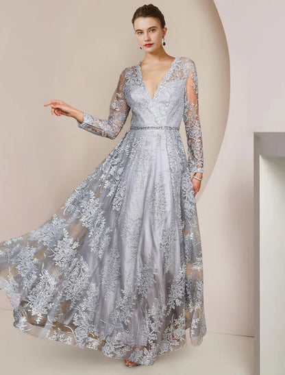 A-Line Mother of the Bride Dress Formal Wedding Guest Elegant V Neck Floor Length Tea Length Lace Long Sleeve with Appliques Crystal