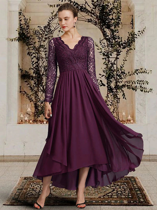 A-Line Mother of the Bride Dress Elegant High Low V Neck Asymmetrical Ankle Length Chiffon Lace Long Sleeve