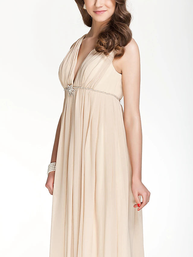 A-Line Bridesmaid Dress V Neck Sleeveless Beautiful Back Floor Length Chiffon with Pleats / Beading