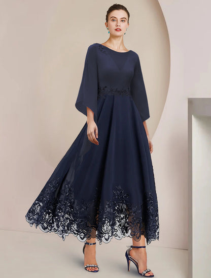 A-Line Mother of the Bride Dress Wedding Guest Party Elegant Scoop Neck Tea Length Chiffon Lace 3/4 Length Sleeve