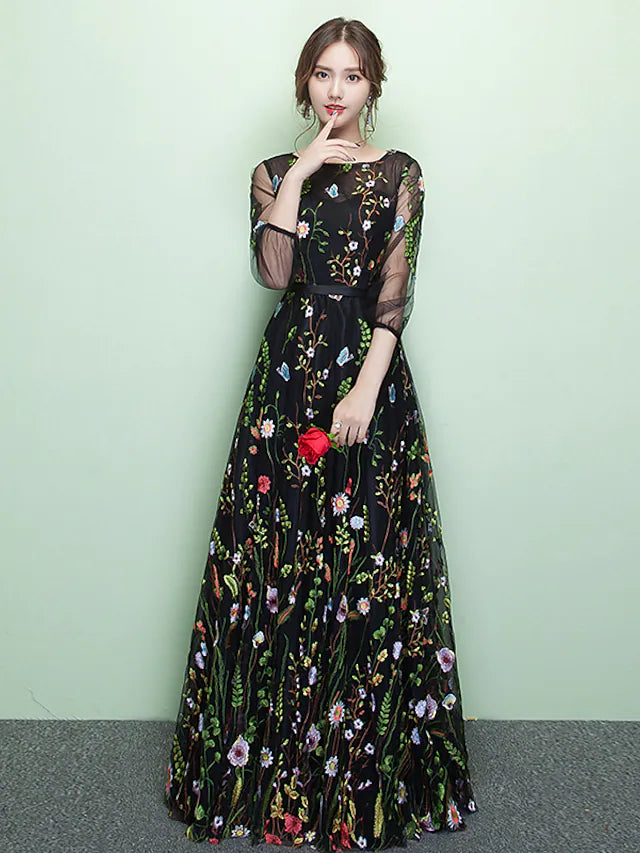 A-Line Elegant Sparkle & Shine Formal Evening Dress Jewel Neck 3/4 Length Sleeve Floor Length Lace