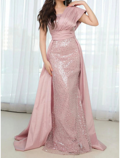 Sheath / Column Evening Gown Glittering Dress Formal Sweep / Brush Train Short Sleeve One Shoulder Satin with Ruched