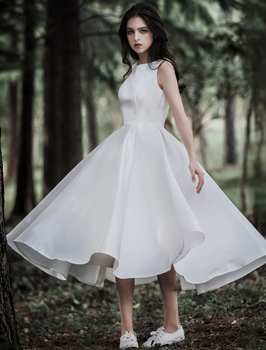 Reception Little White Dresses Wedding Dresses A-Line Scoop Neck Sleeveless Tea Length Satin Bridal Gowns