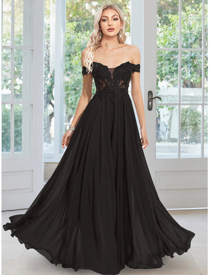 A-Line Evening Gown Floral Dress Wedding Guest Prom Floor Length Sleeveless Off Shoulder Chiffon