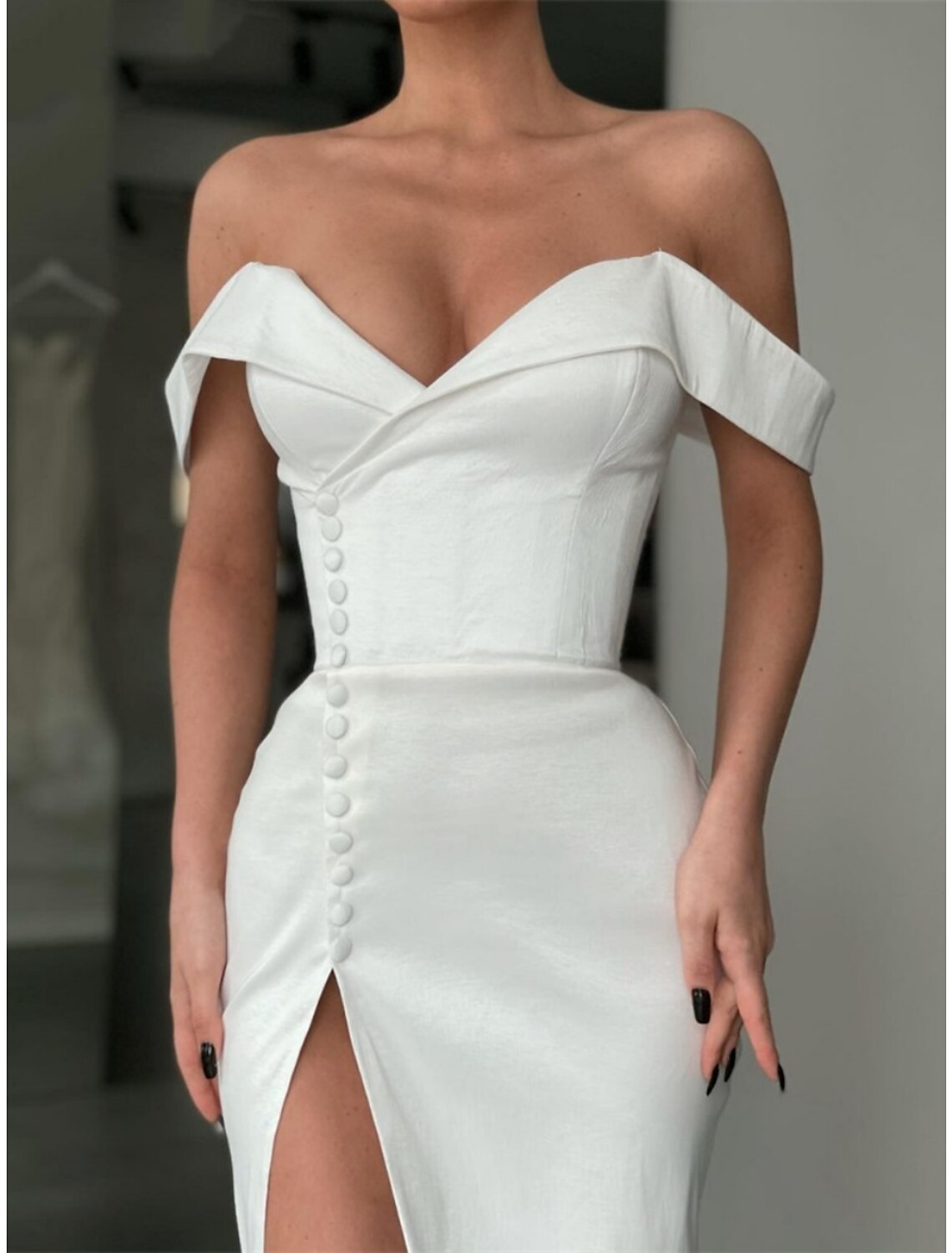 A-Line Evening Gown Elegant Dress Formal Court Train Long Sleeve Off Shoulder Satin with Buttons Pleats