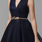 A-Line Little Black Prom Dress Wedding Guest Ankle Length Sleeveless V Wire Spandex with Sash