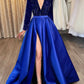 A-Line/Princess V-Neck Long Prom Dresses With Split Side & Sequins Sparkly