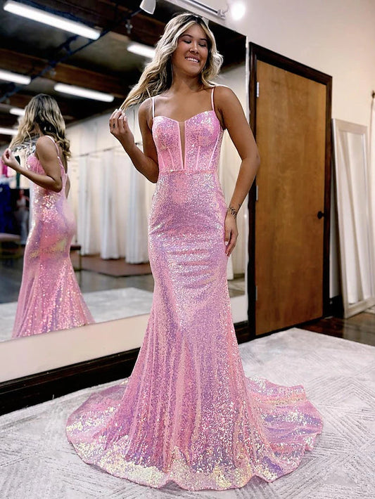 Mermaid / Trumpet Prom Dresses Sparkle & Shine Dress Formal Court Train Sleeveless Spaghetti Strap Sequined V Back