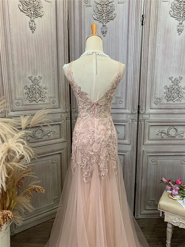 Mermaid / Trumpet Prom Dresses Maxi Dress Party Wear Sweep / Brush Train Sleeveless V Neck Tulle