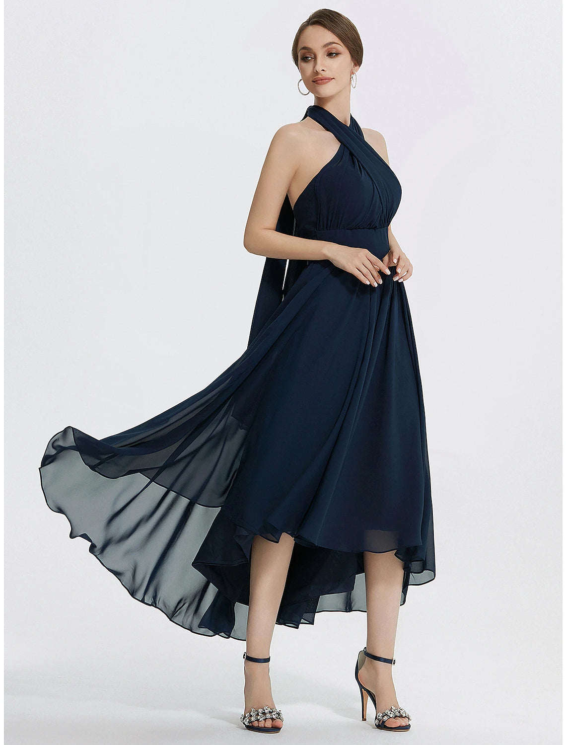 A-Line Cocktail Dresses Elegant Dress Wedding Guest Tea Length Short Sleeve Off Shoulder Convertible Chiffon